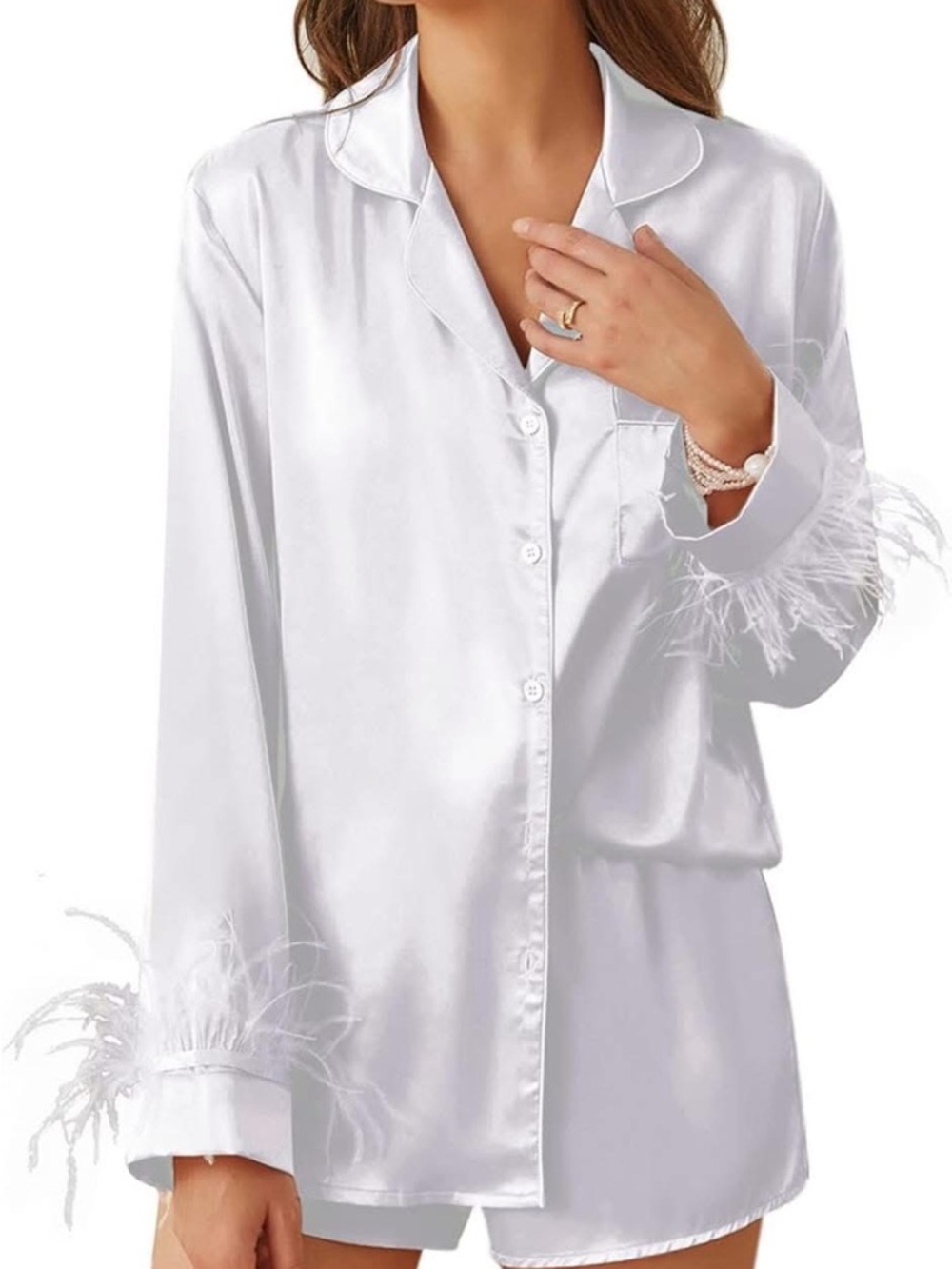 Satin Feather-Trim Button-Down Pajama Set - White